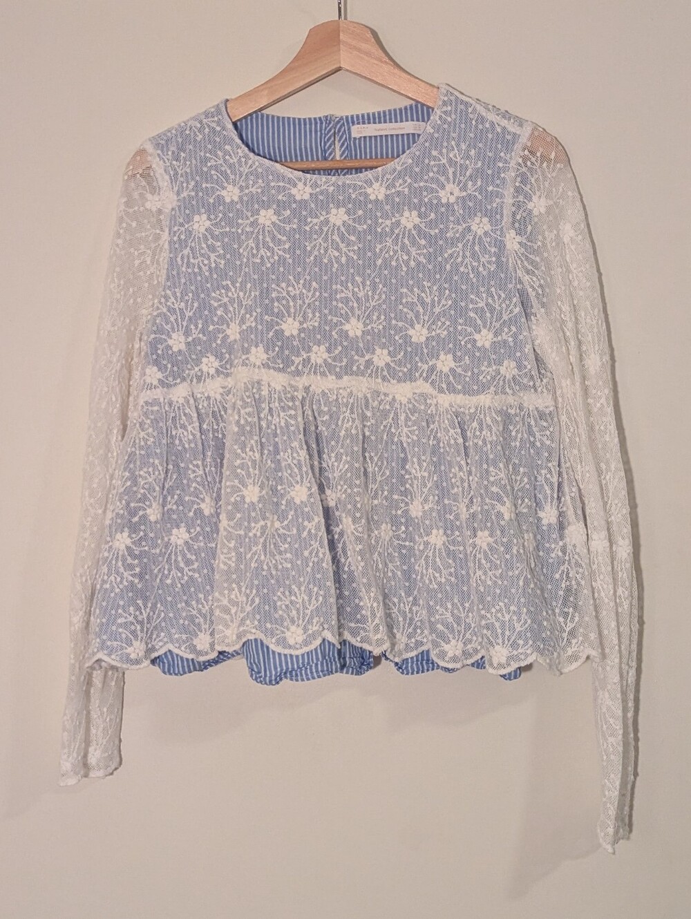 Zara White Lace Peplum Blouse with Light Blue Striped Lining, M
